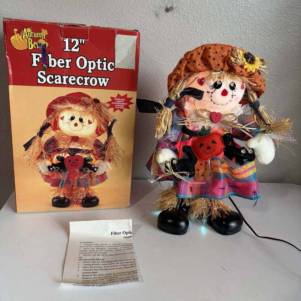 Vintage Fiber Optic Scarecrow Smiling Girl 12" Autumn Best TESTED